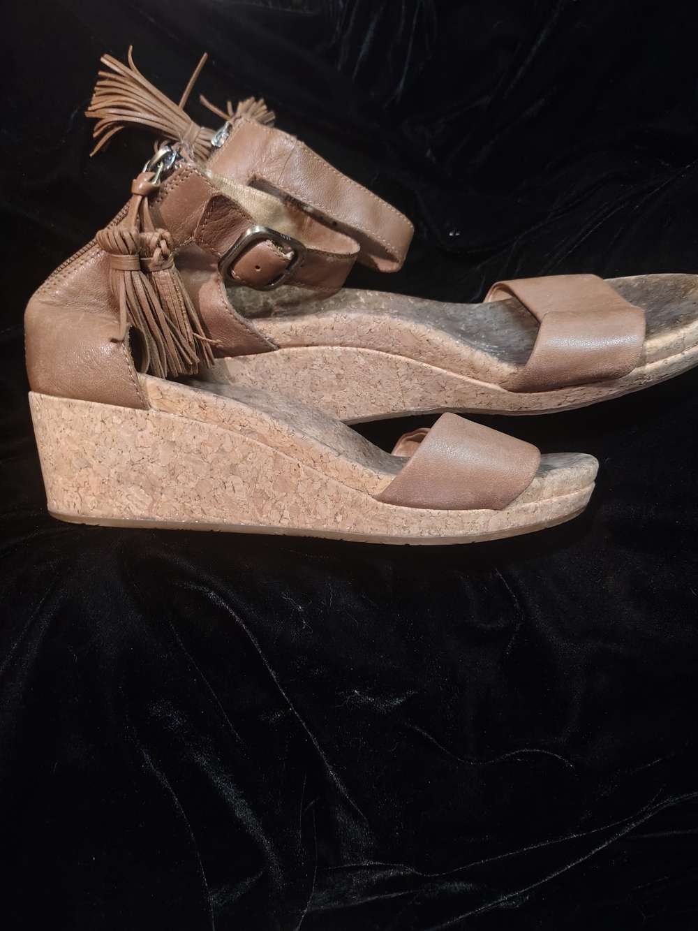 UGG Tan Cork Wedge Sandals with Ankle Tassels